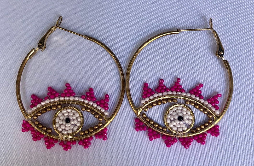 Pink Beaded Eye Hoops